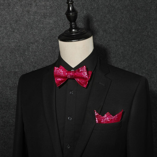 Floral Bow Tie & Pocket Square - C-011 HOT PINK