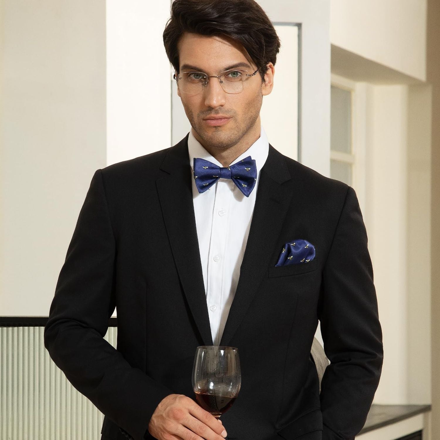 Bee Bow Tie & Pocket Square - NAVY/BLUE