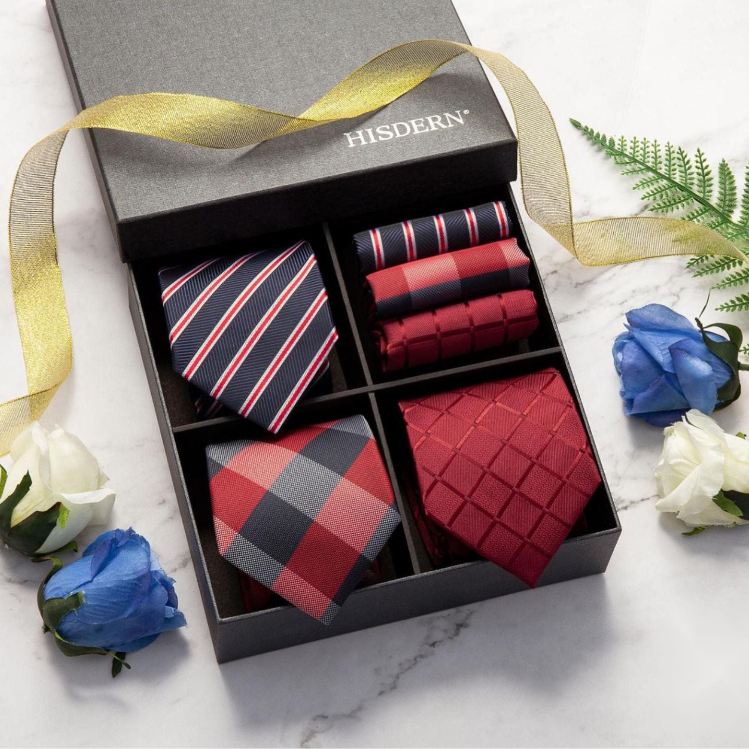 Hisdern 3-Piece Tie Set Red Wedding Accessory Gift Box Set
