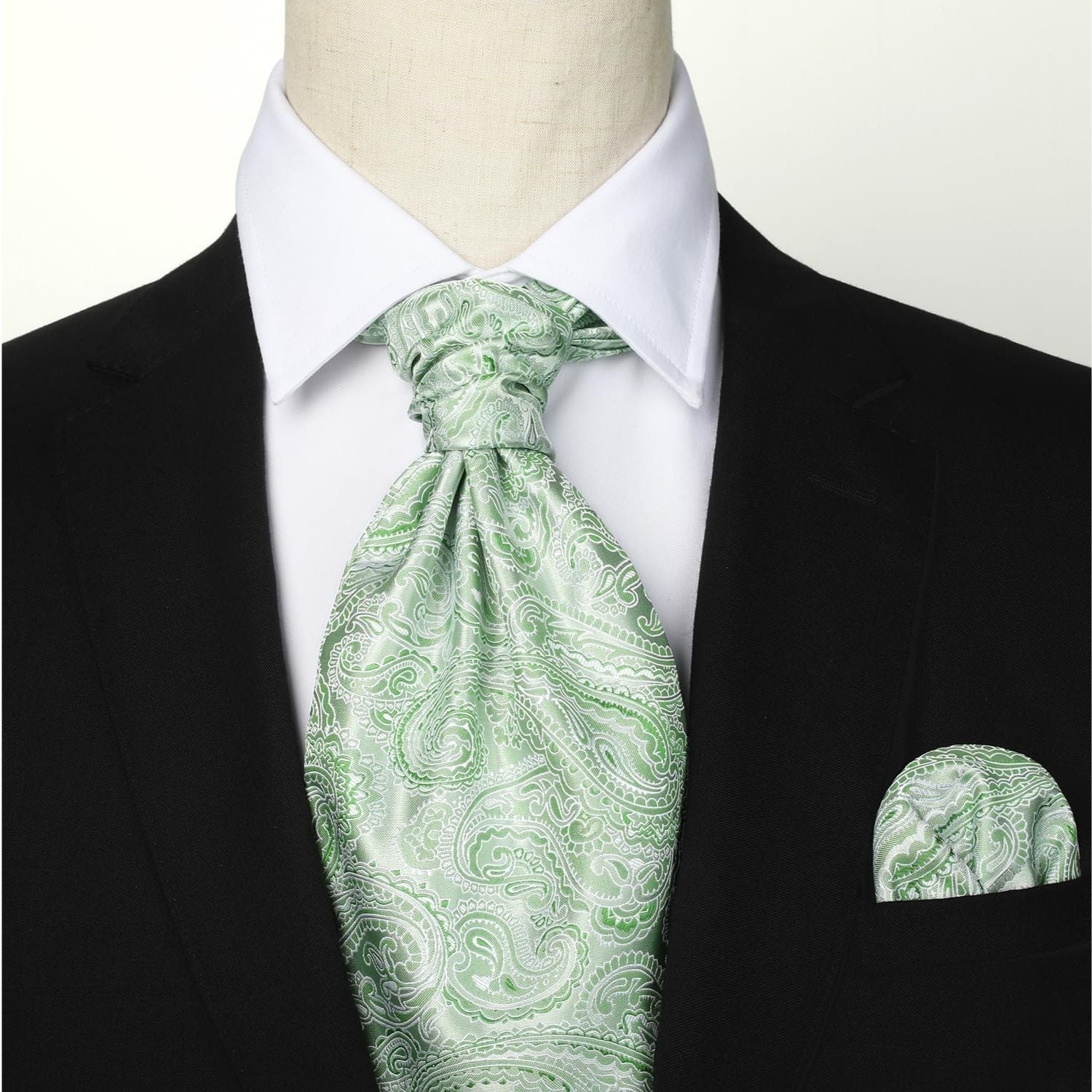 Hisdern Sage Green Paisley Wedding Ascot Handkerchief Set - One Size Hisdern Sage Green Paisley Wedding Ascot Handkerchief Set - One Size