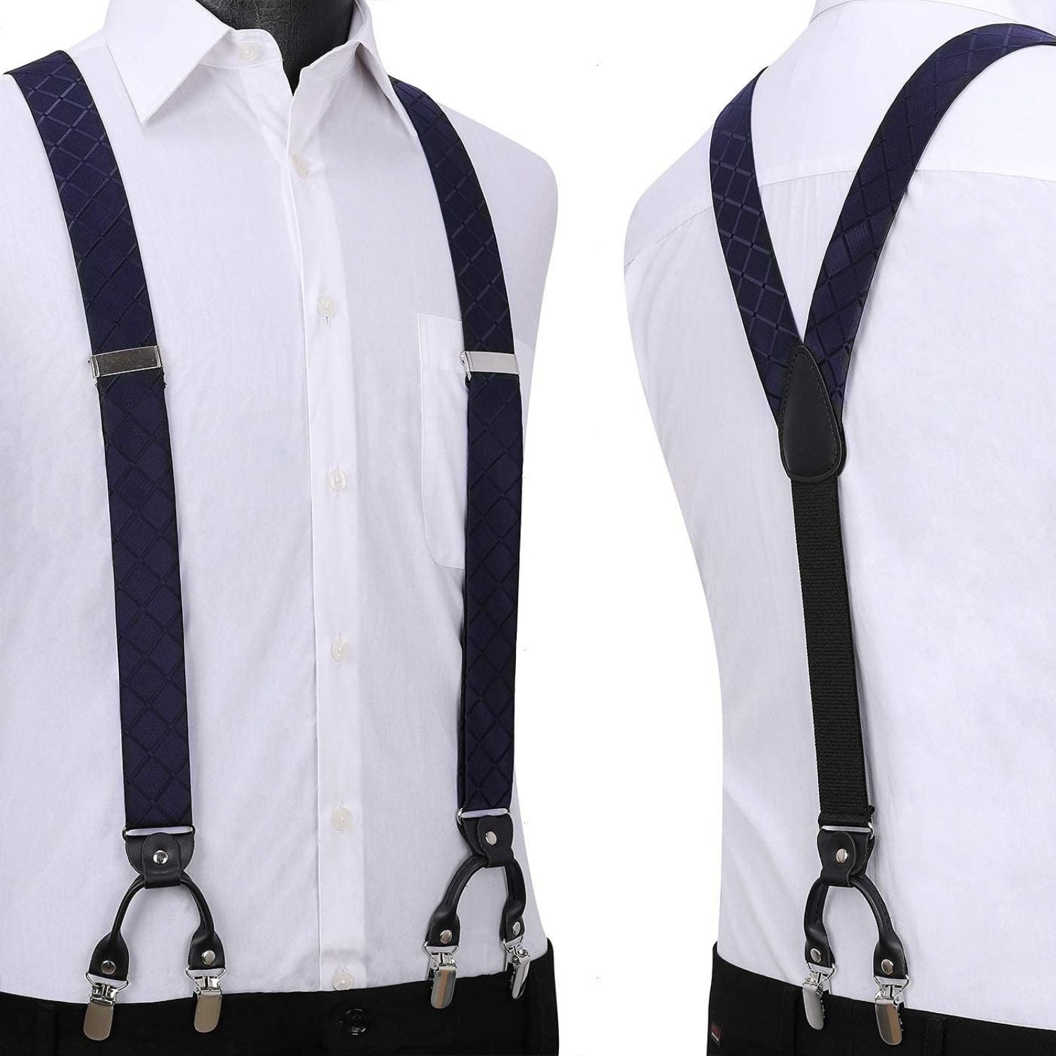 Plaid Suspender Bow Tie Handkerchief - NAVY BLUE-CHECK