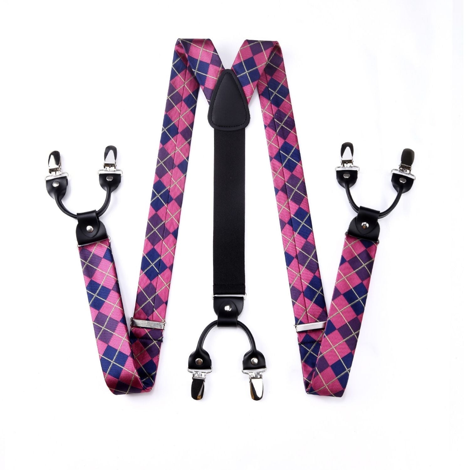 Plaid Suspender Pre-Tied Bow Tie Handkerchief - HOT PINK/BLUE