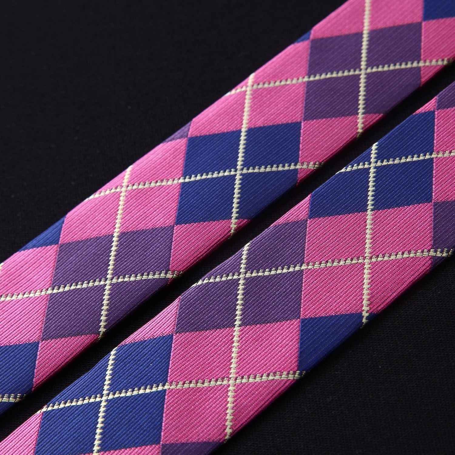 Plaid Suspender Pre-Tied Bow Tie Handkerchief - HOT PINK/BLUE