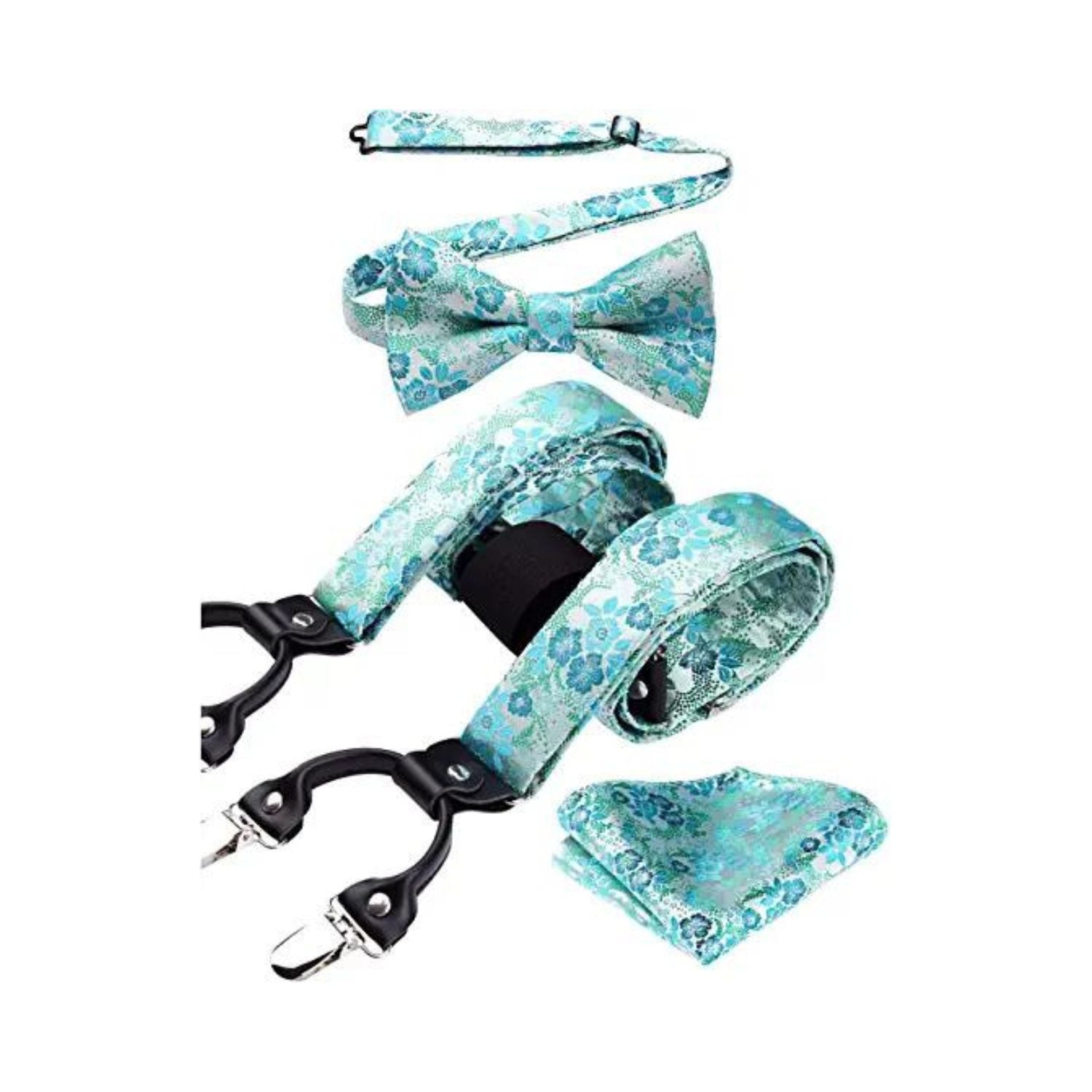 Paisley Floral Suspender Pre-Tied Bow Tie Handkerchief - A6-GREEN/TURQUOISE