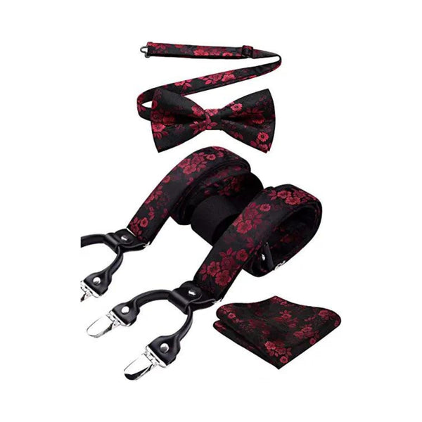 Floral Paisley Suspender Pre-Tied Bow Tie Handkerchief - A4-RED/BLACK