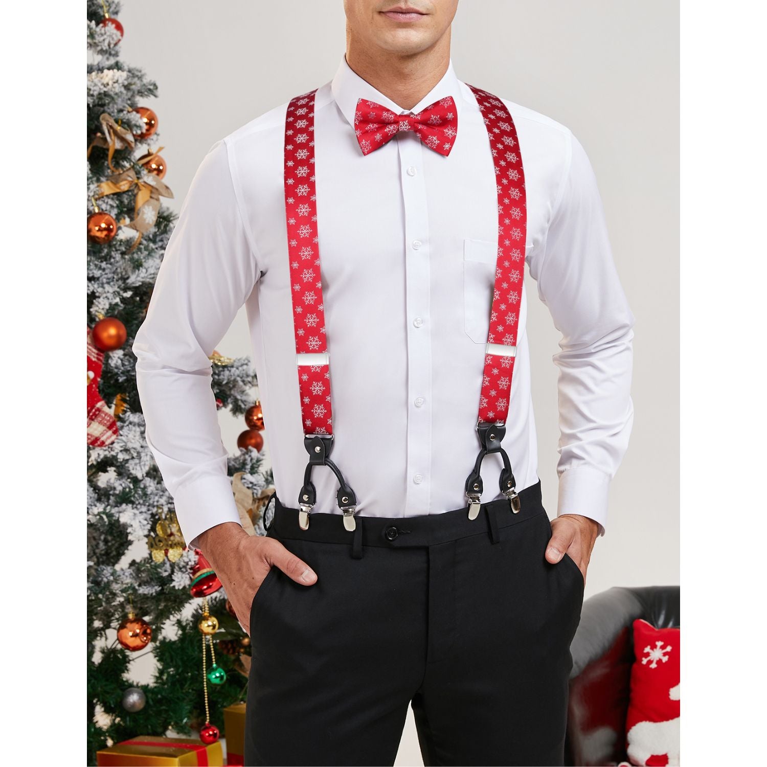 Hisdern Christmas Suspenders Pre-Tied Bow Tie Set Red Holiday Outfit