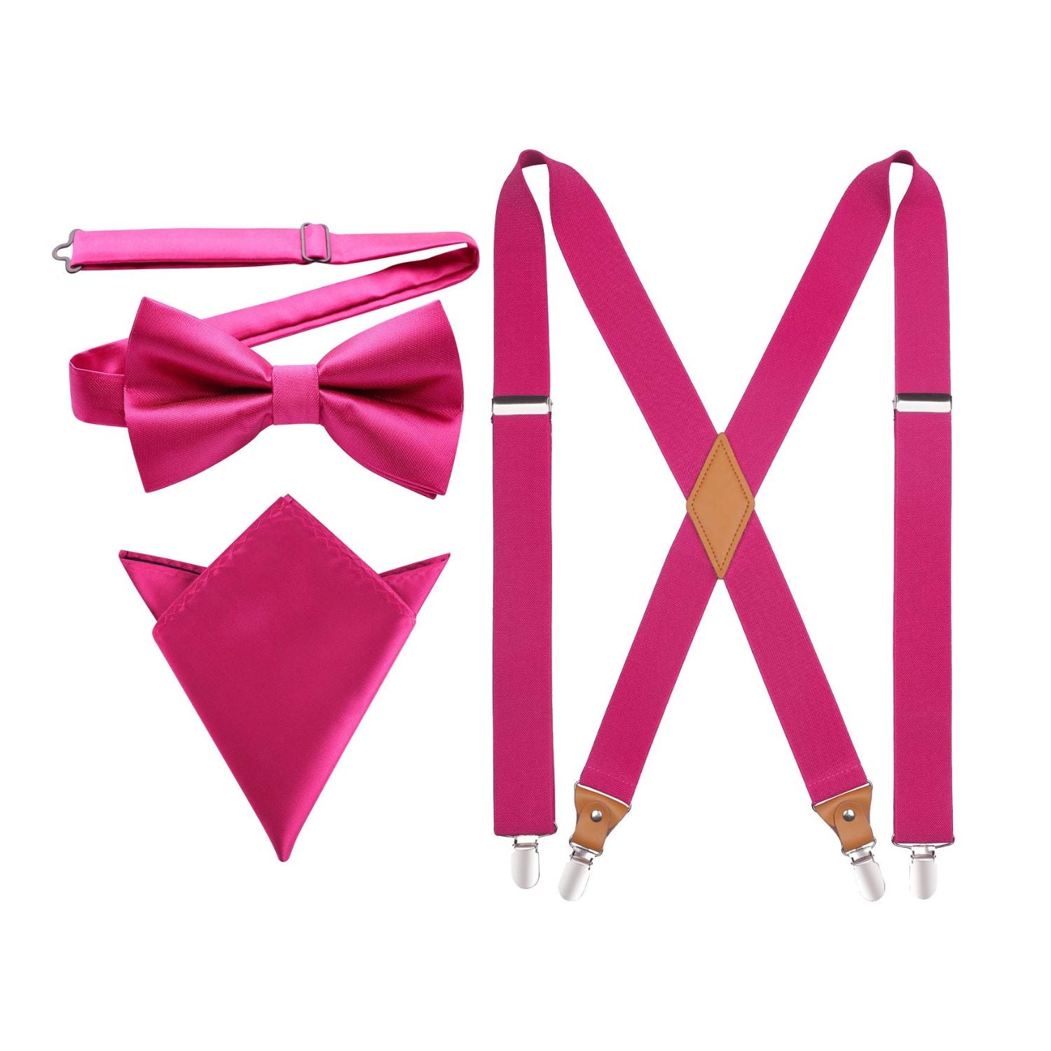 Hisdern Hot Pink Solid Suspenders Pre-Tied Bow Tie Set Formal Wedding, image size:1500x1500