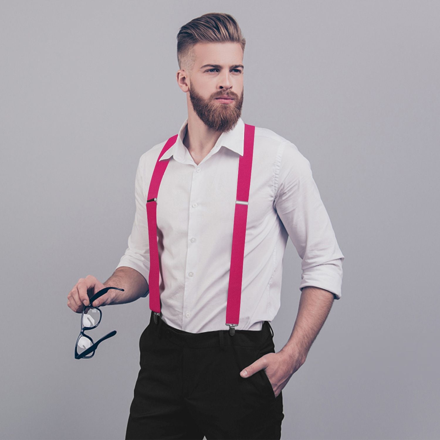 X-shaped Adjustable Suspender with 4 Clips - A-HOT PINK