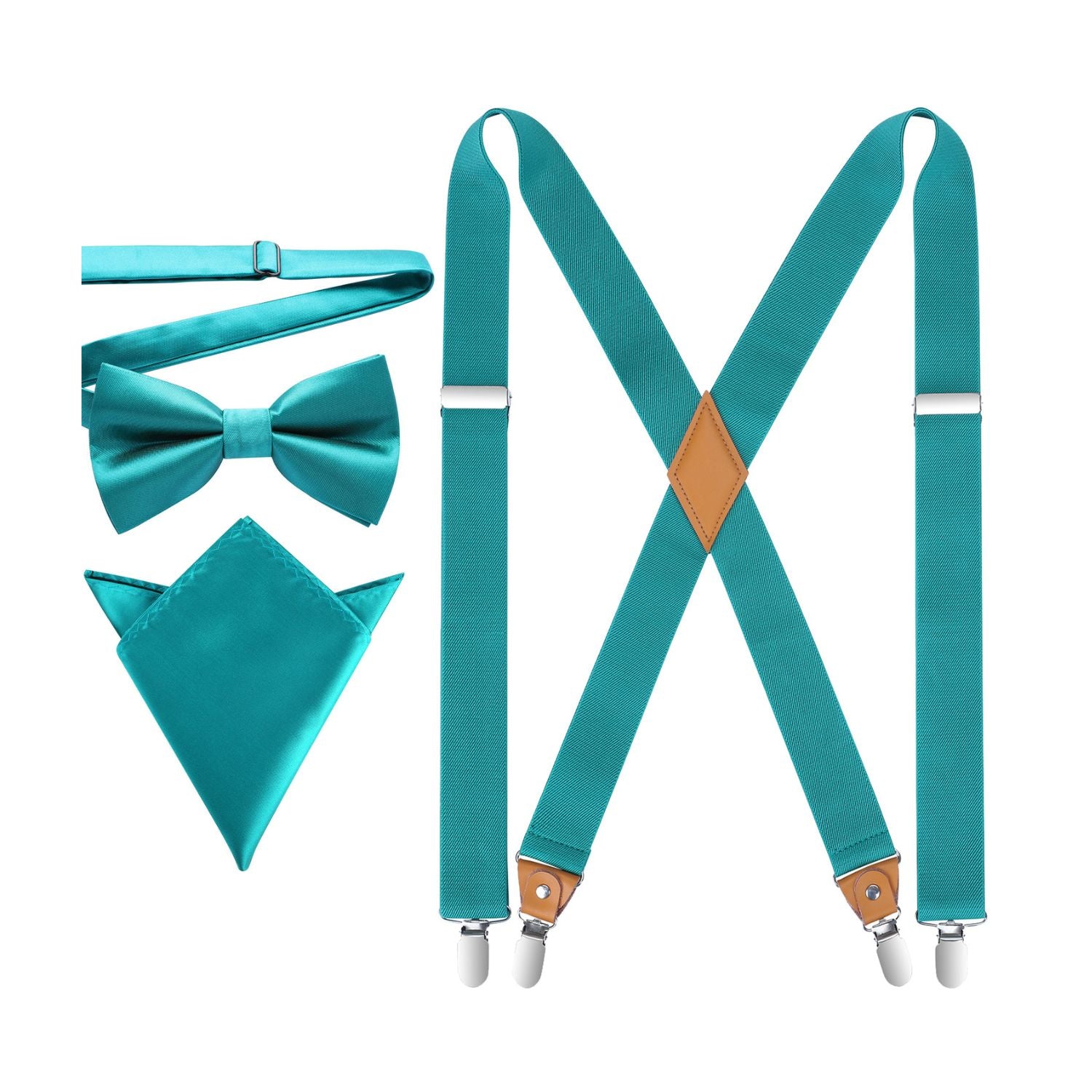 Hisdern Aqua Solid Suspenders Pre-Tied Bow Tie Set Formal Wedding, image size:1500x1500