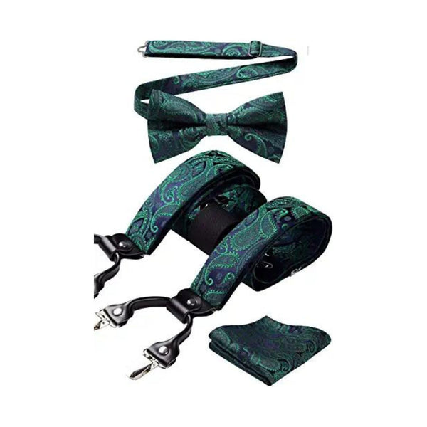 Floral Paisley Suspender Pre-Tied Bow Tie Handkerchief - 9-GREEN/NAVY BLUE 02