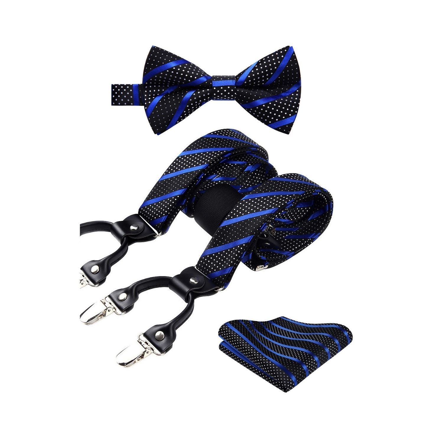 Hisdern Striped Suspenders Pre-tied Bow Tie Set Red Blue Black Groom O