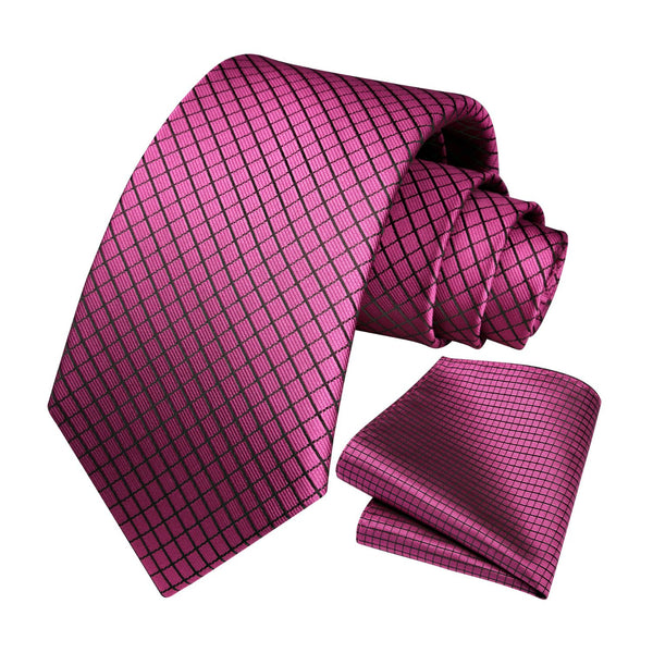 Men's Plaid Tie Handkerchief Set - C2- HOT PINK