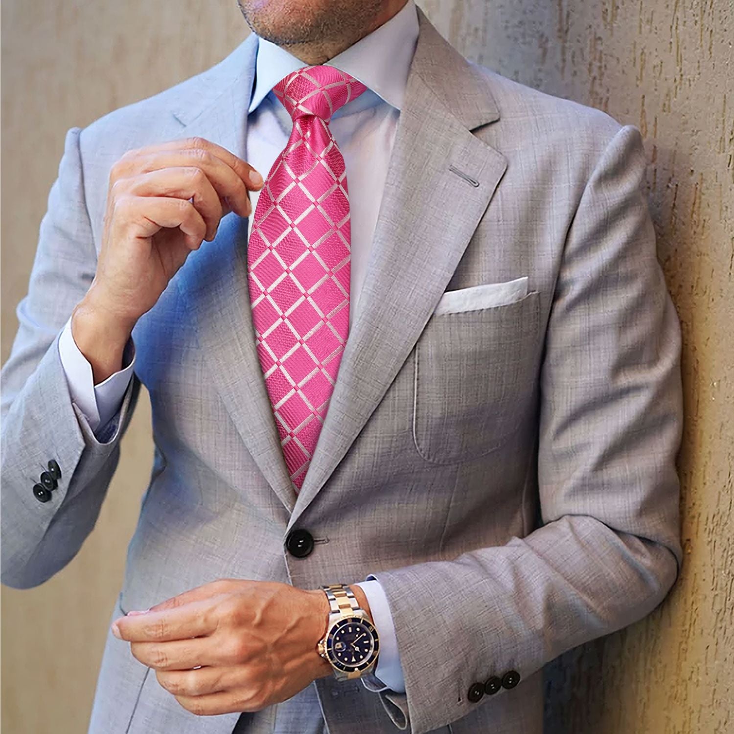 Plaid Tie Handkerchief Set - PINK