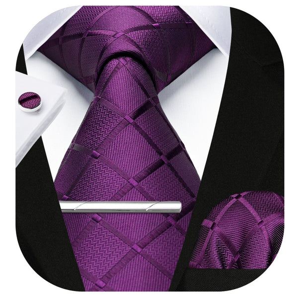 Plaid Tie Handkerchief Cufflinks Clip - PURPLE