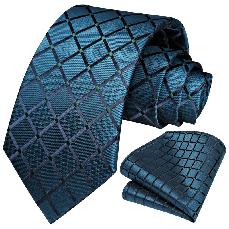 Plaid Tie Handkerchief Set - TEAL