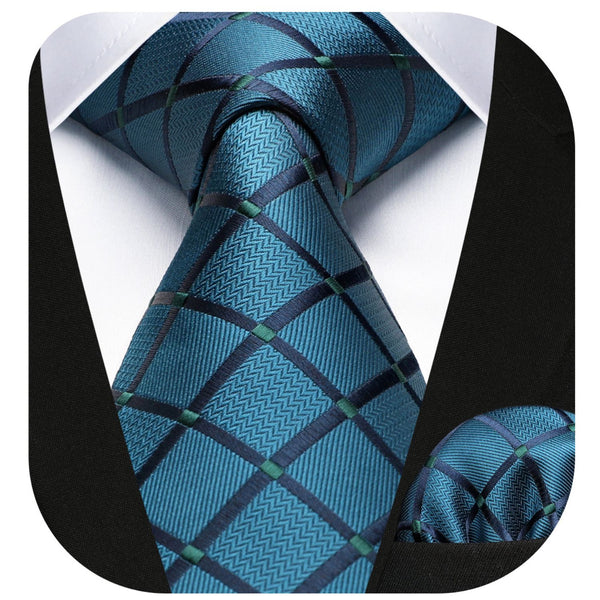Plaid Tie Handkerchief Set - A6-TEAL