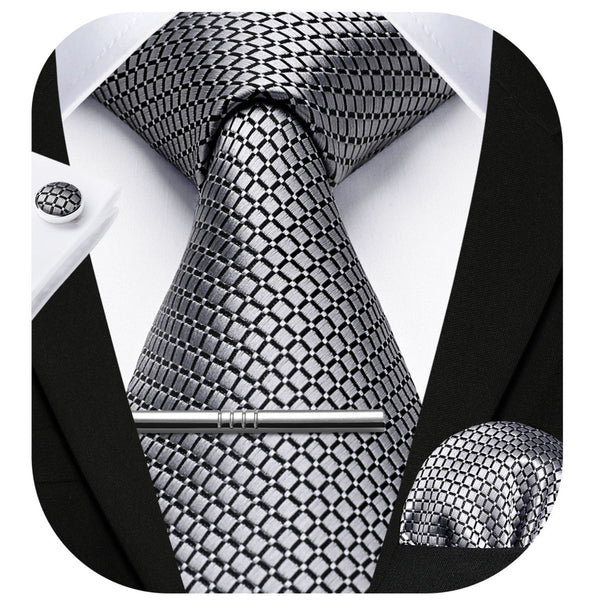 Plaid Tie Handkerchief Cufflinks Clip - SILVER