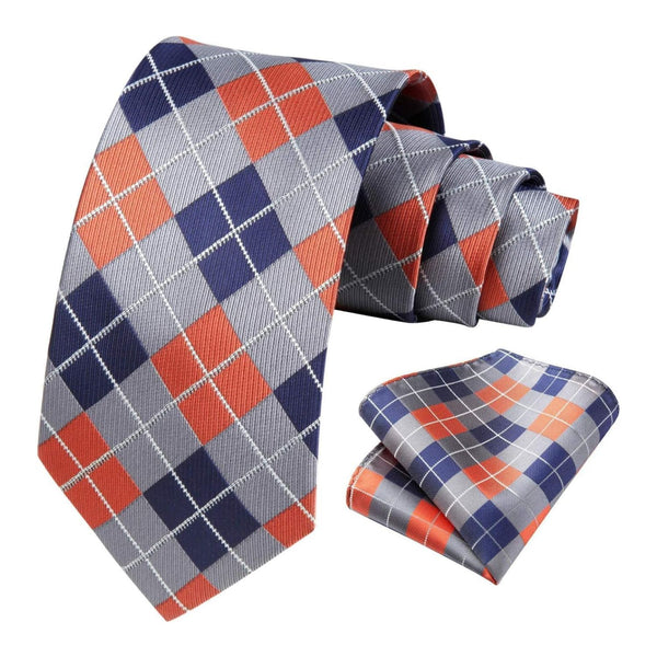Plaid Tie Handkerchief Set - B-ORANGE/GRAY/NAVY BLUE