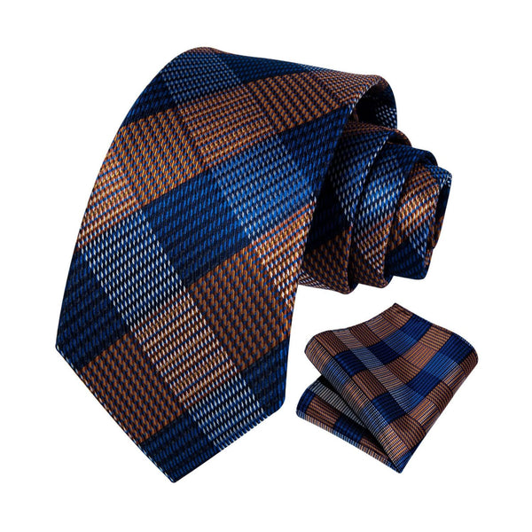 Houndstooth Tie Handkerchief Set - NAVY BLUE/BROWN
