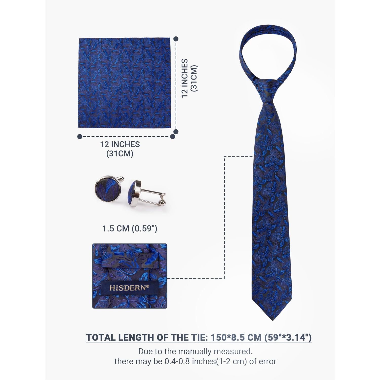 Hisdern Blue Floral Wedding Tie Set with Cufflinks