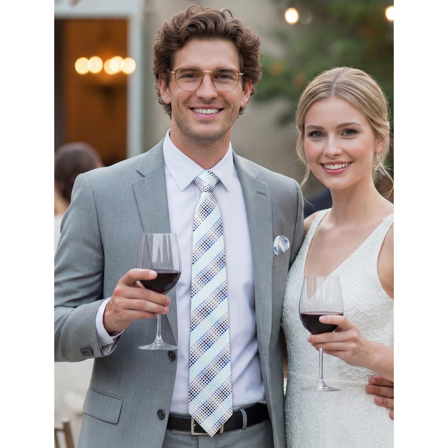 Hisdern Light Blue Striped Business Accessories Set with Cufflinks