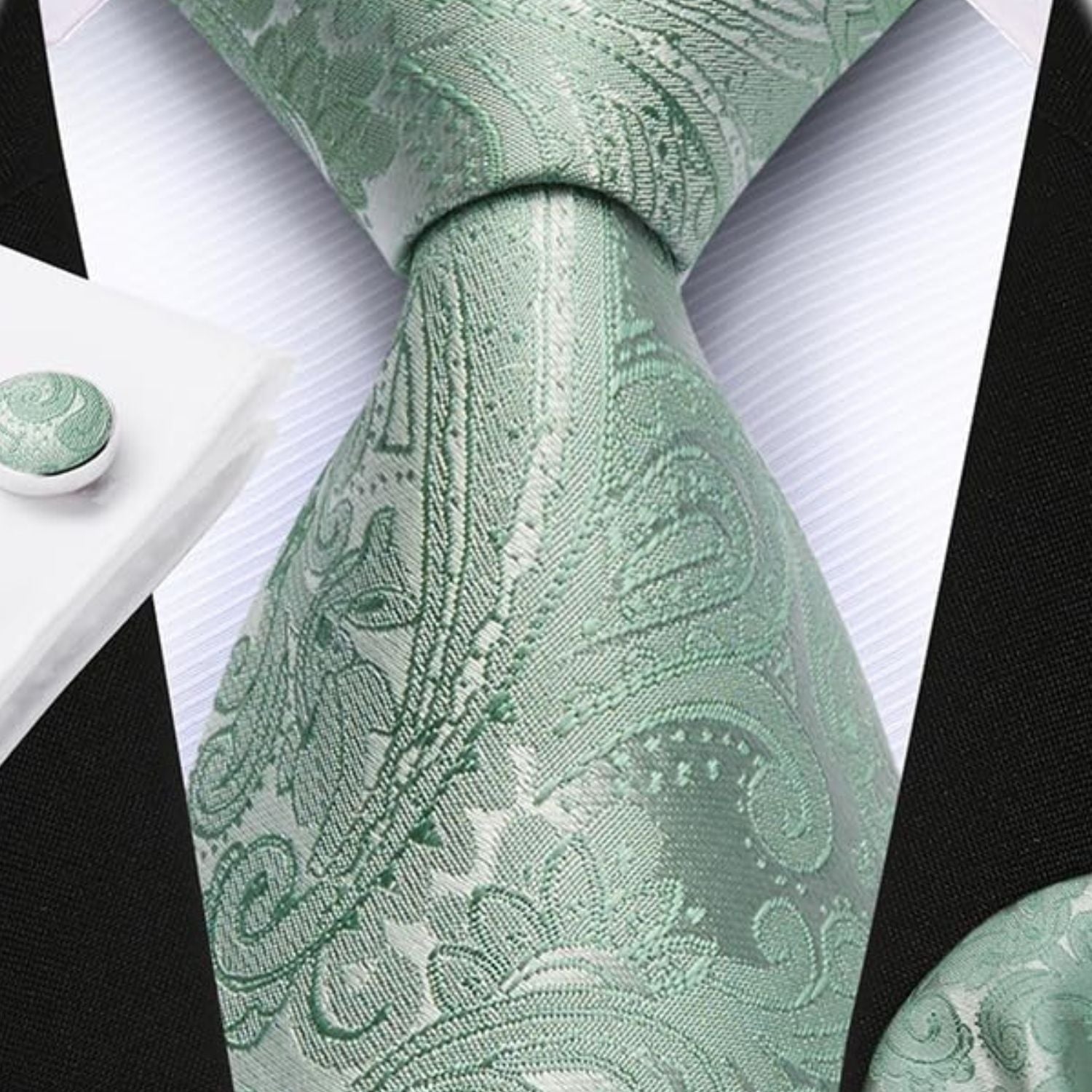 Hisdern Light Green 3.15" Paisley Pre-Tied Ties Business Accessories Set with Cufflinks