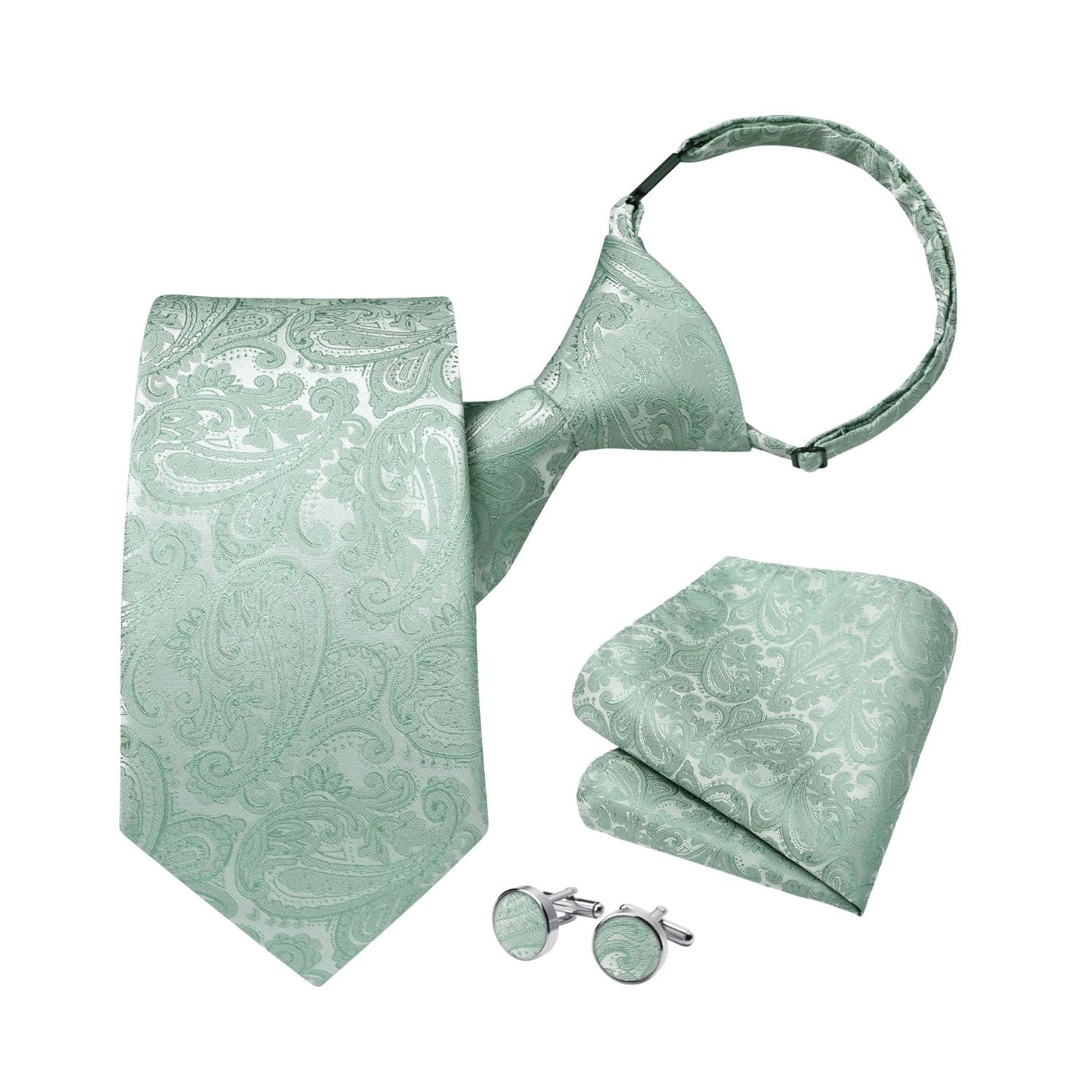 Hisdern Light Green 3.15" Paisley Pre-Tied Ties Business Accessories Set with Cufflinks
