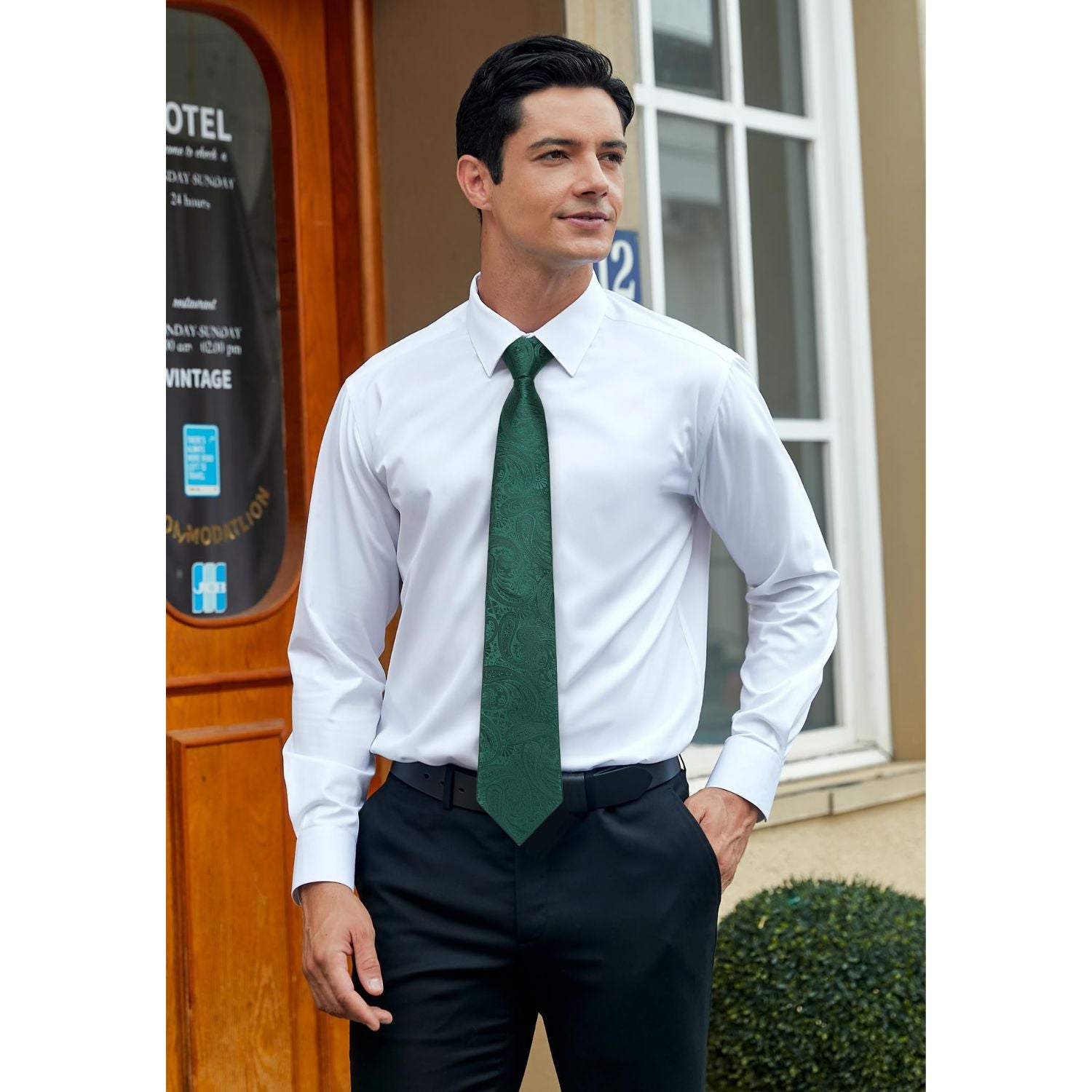 Hisdern Emerald Green 3.15" Paisley Pre-Tied Ties Business Accessories Set with Cufflinks