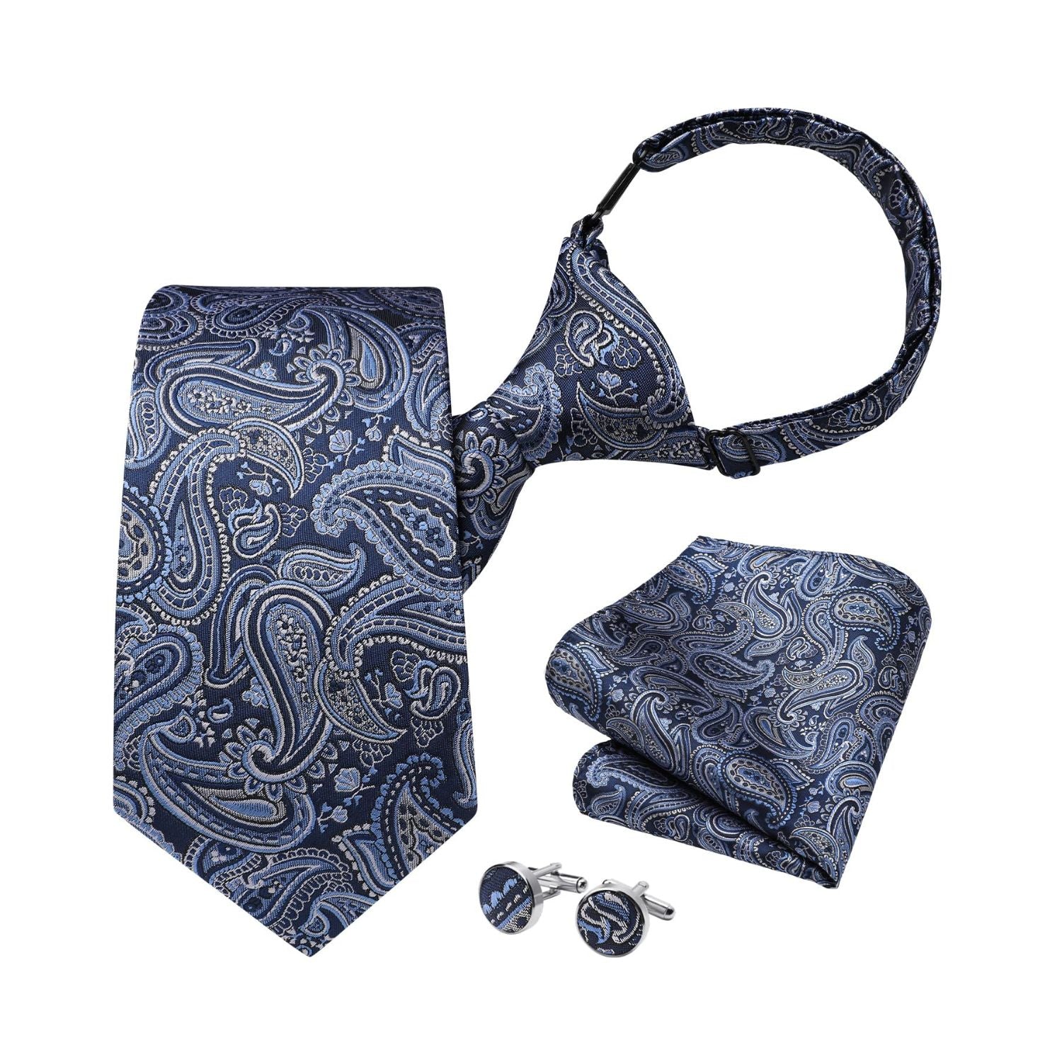 Hisdern Navy Blue 3.15" Paisley Pre-Tied Ties Business Accessories Set with Cufflinks
