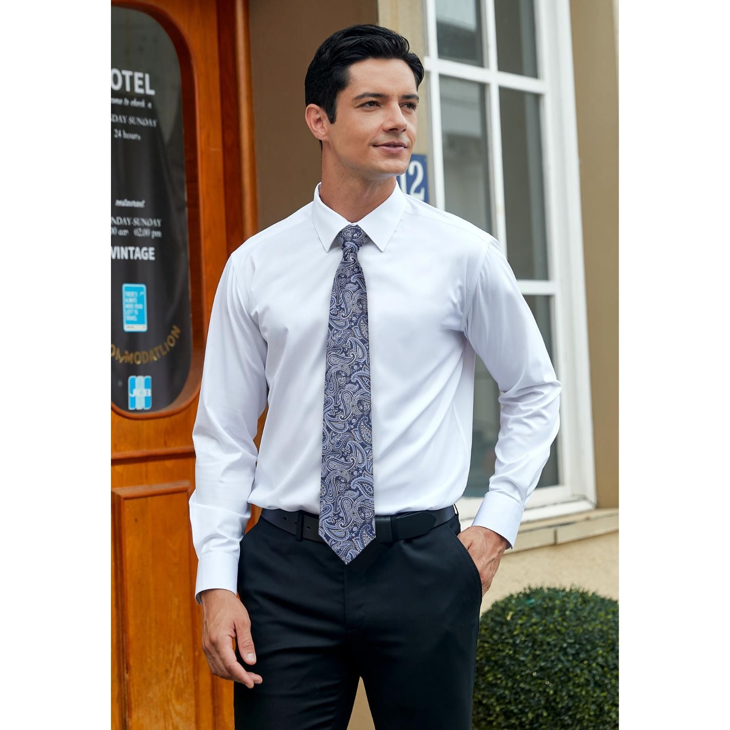 Hisdern Navy Blue 3.15" Paisley Pre-Tied Ties Business Accessories Set with Cufflinks