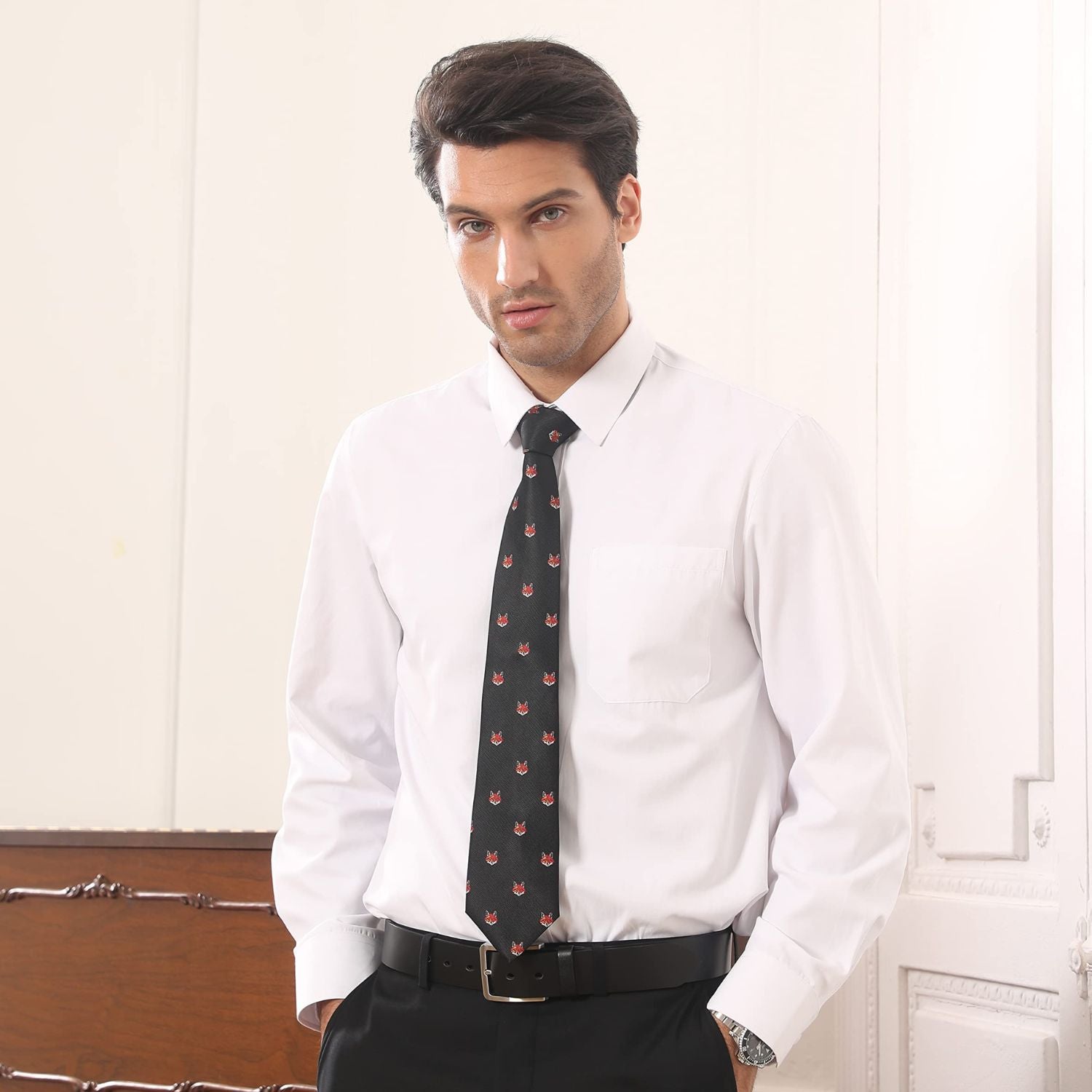 Fox Tie Handkerchief Set - BLACK-3