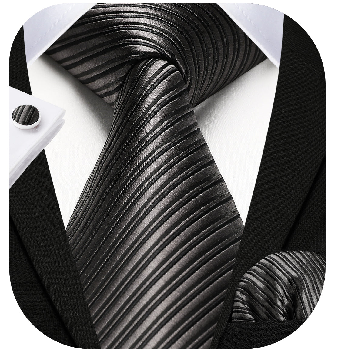 Stripe Tie Handkerchief Cufflinks - 03-BLACK1