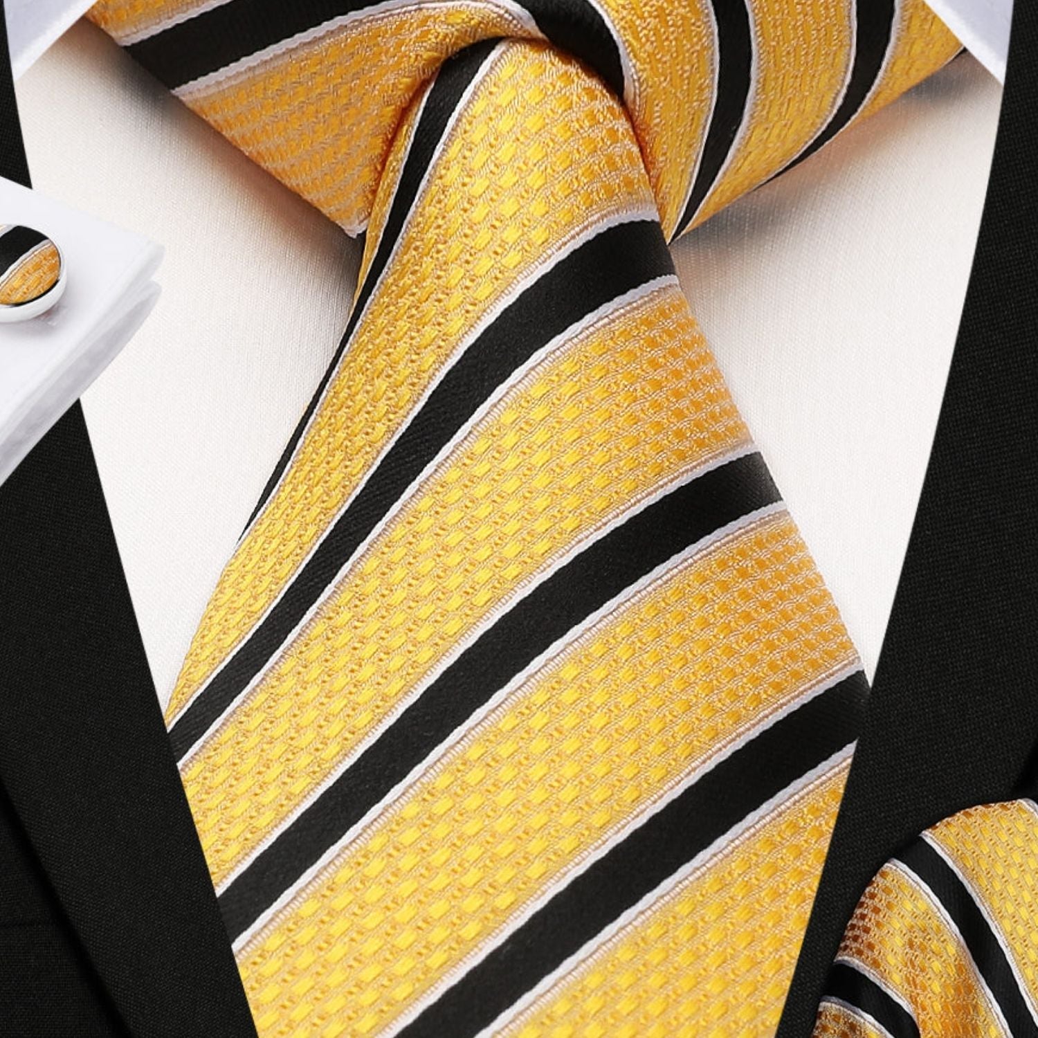 Stripe Tie Handkerchief Cufflinks - 02A-YELLOW