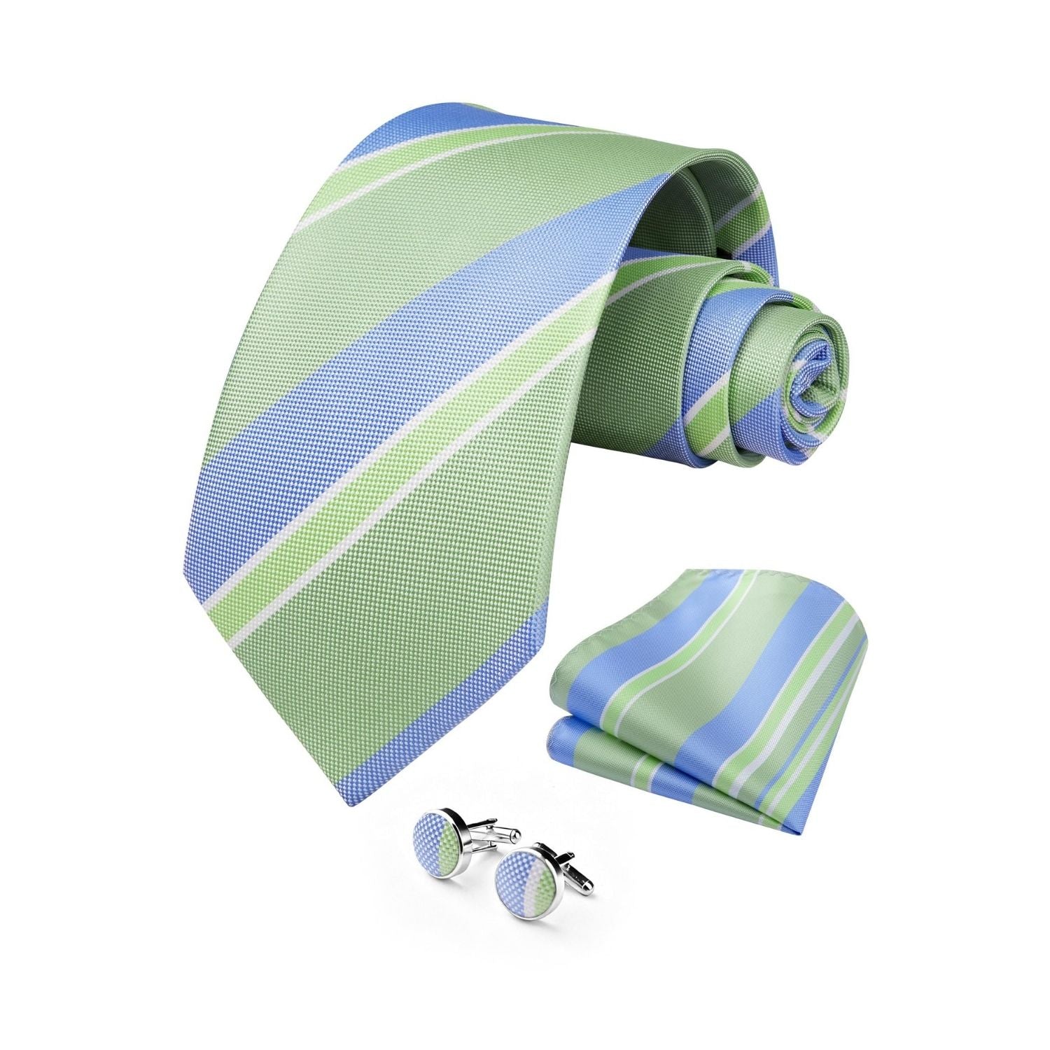 Hisdern Sage Green Blue Striped Business Accessories Set with Cufflinks
