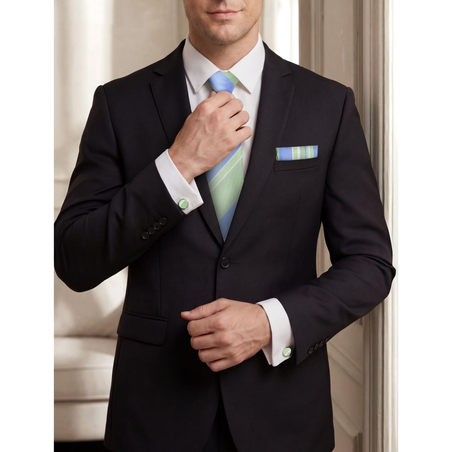 Hisdern Sage Green Blue Striped Business Accessories Set with Cufflinks
