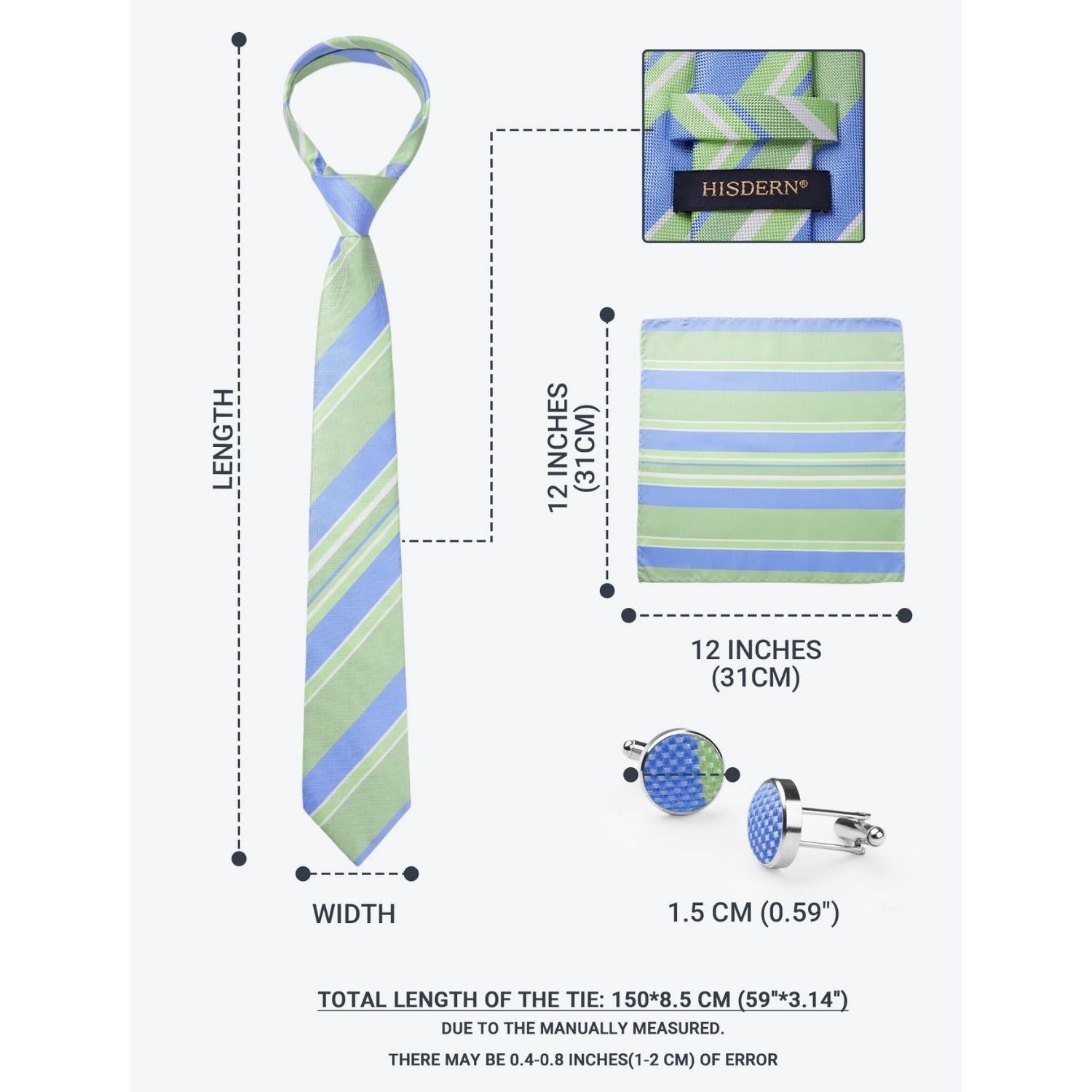 Hisdern Sage Green Blue Striped Business Accessories Set with Cufflinks