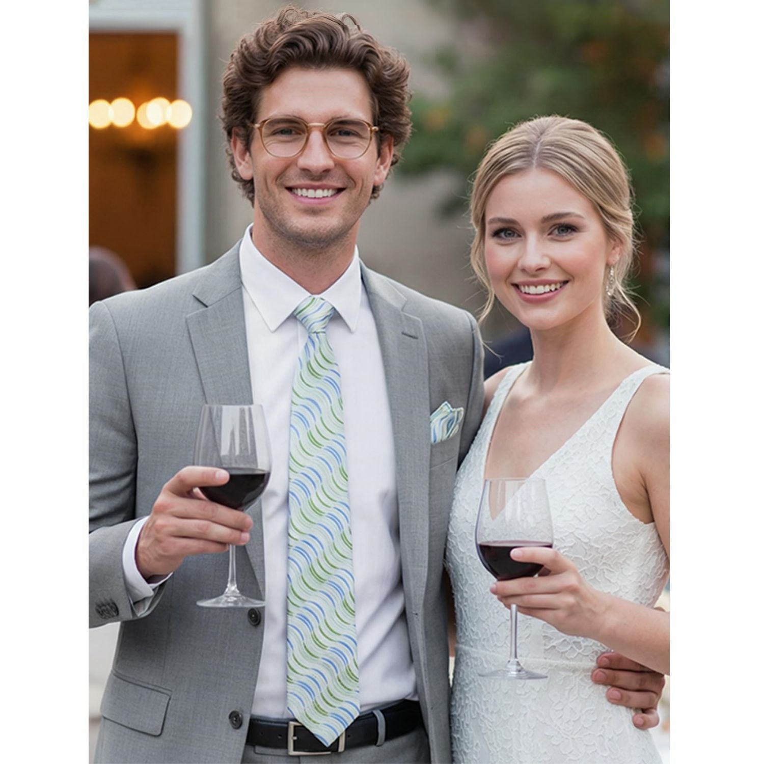 Hisdern Green Blue Striped Business Accessories Set with Cufflinks