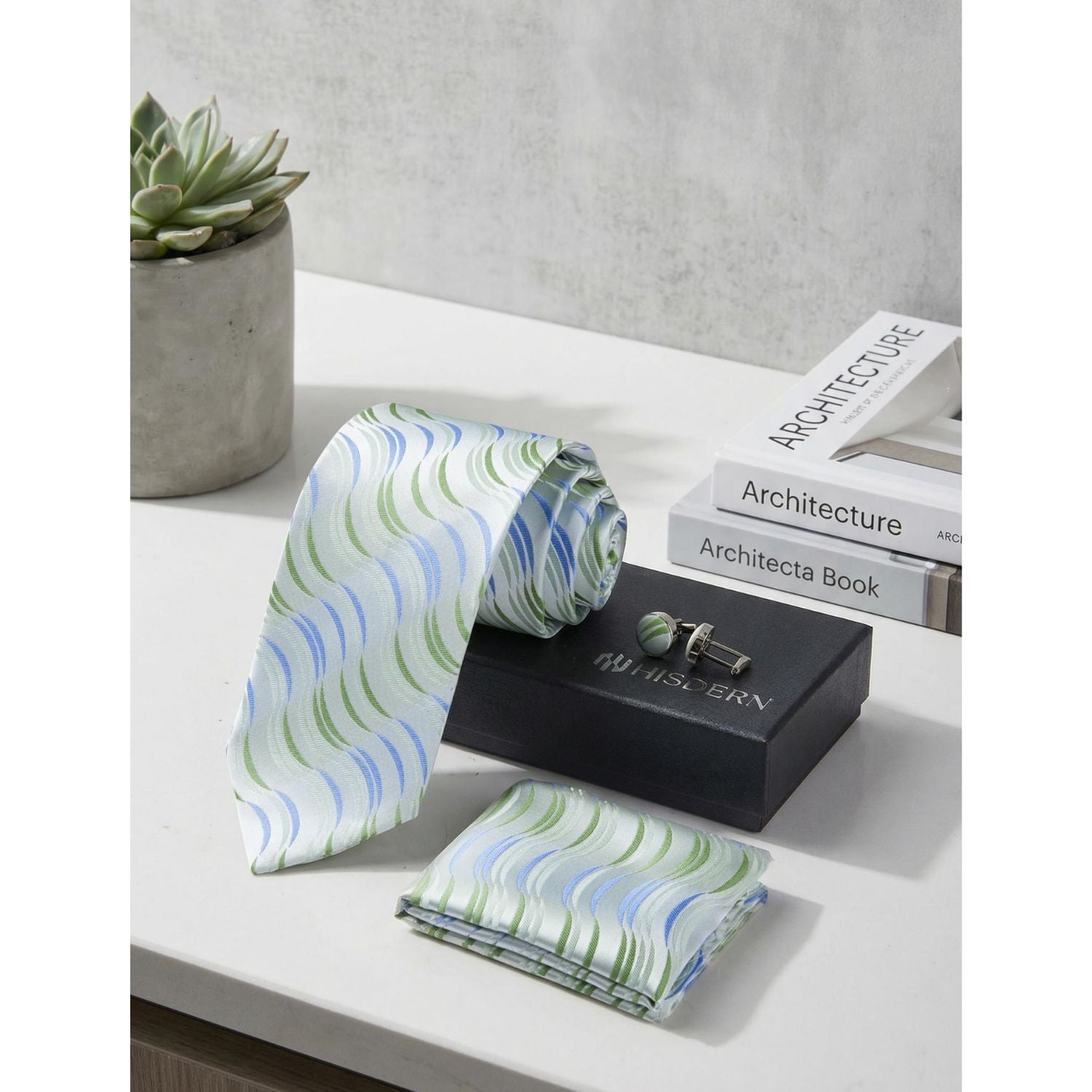 Hisdern Green Blue Striped Business Accessories Set with Cufflinks