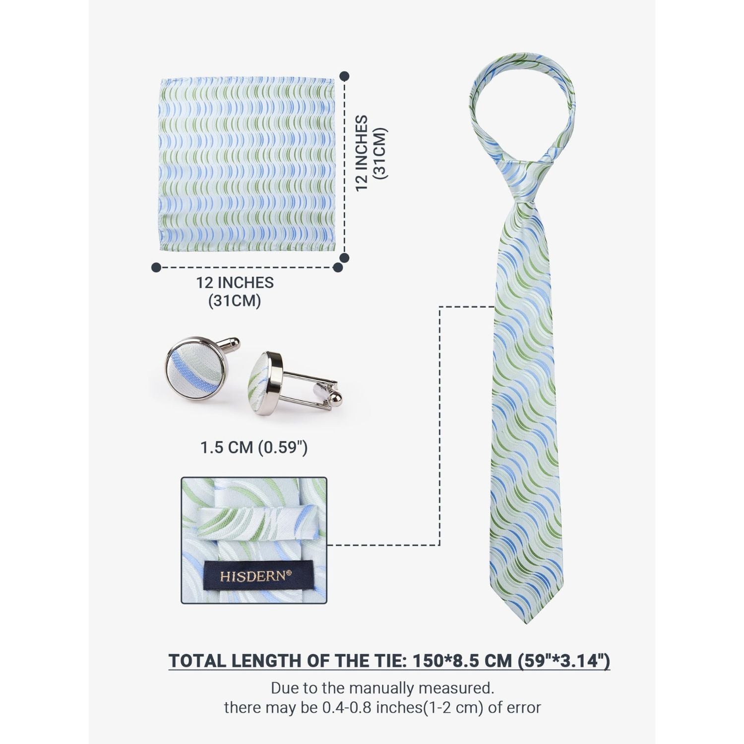 Hisdern Green Blue Striped Business Accessories Set with Cufflinks