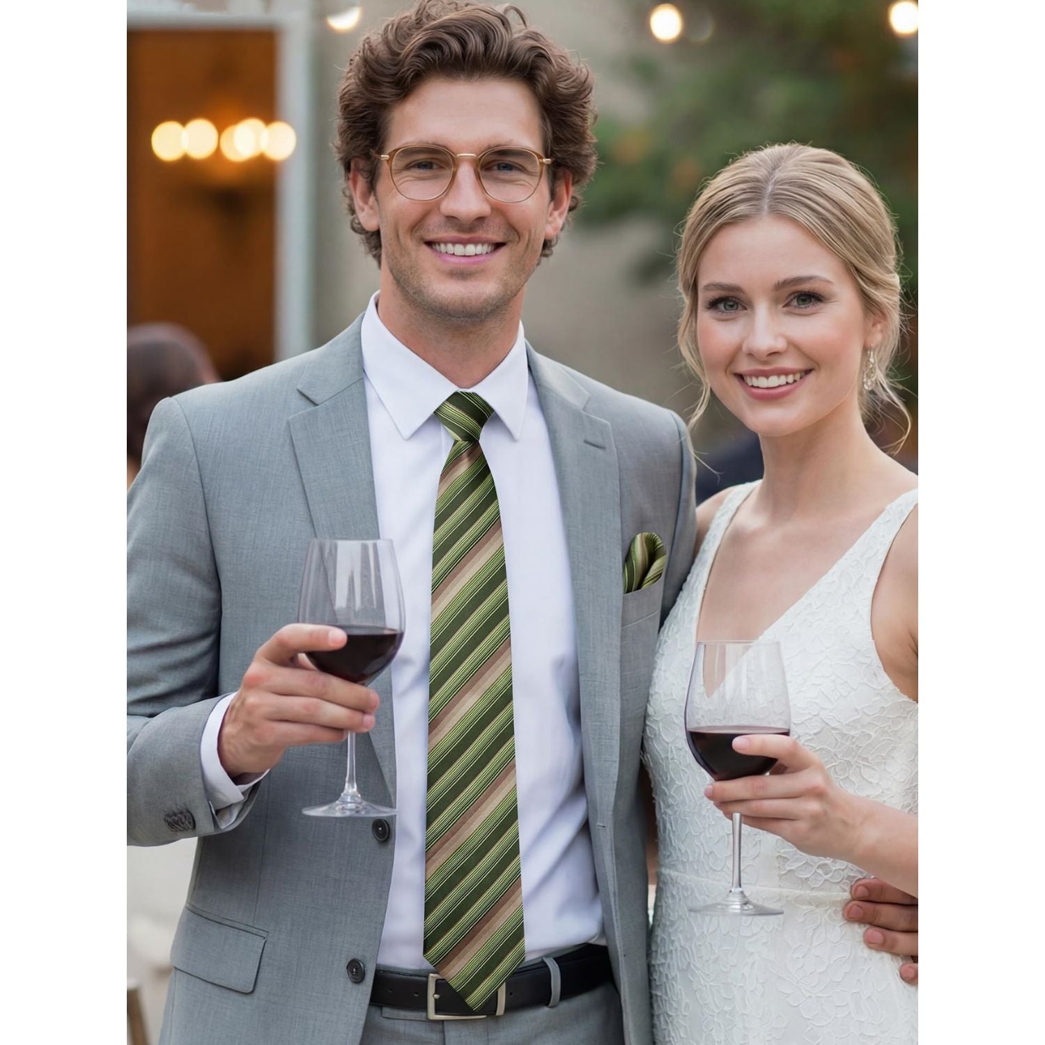 Hisdern Green Brown Striped Business Accessories Set with Cufflinks