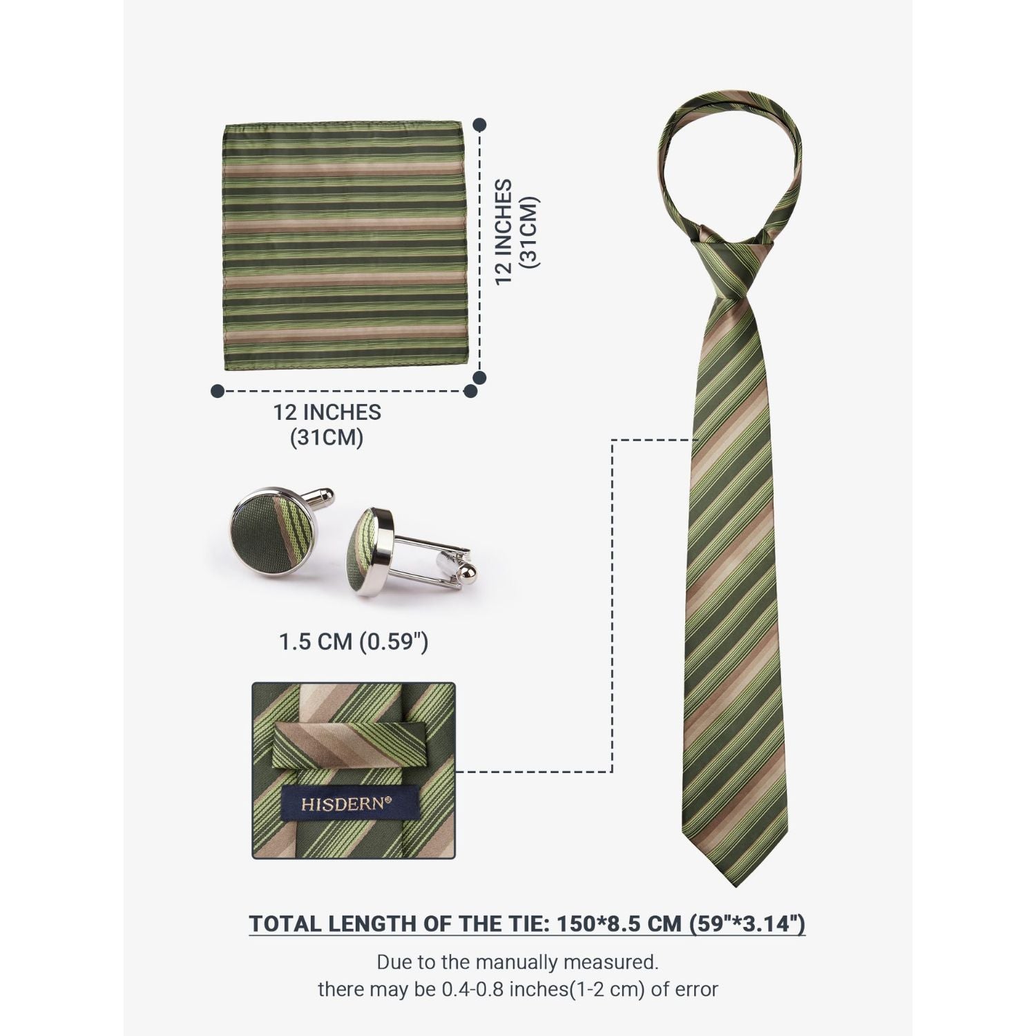 Hisdern Green Brown Striped Business Accessories Set with Cufflinks
