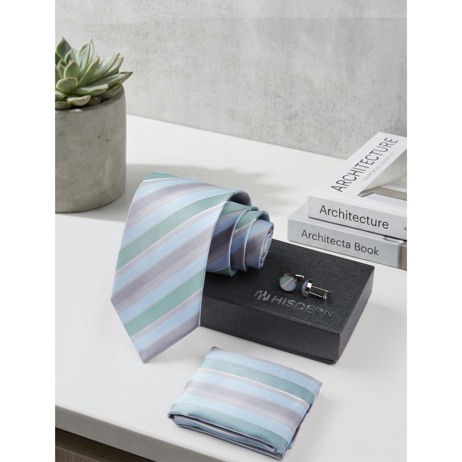 Hisdern Grey Striped Business Accessories Set with Cufflinks