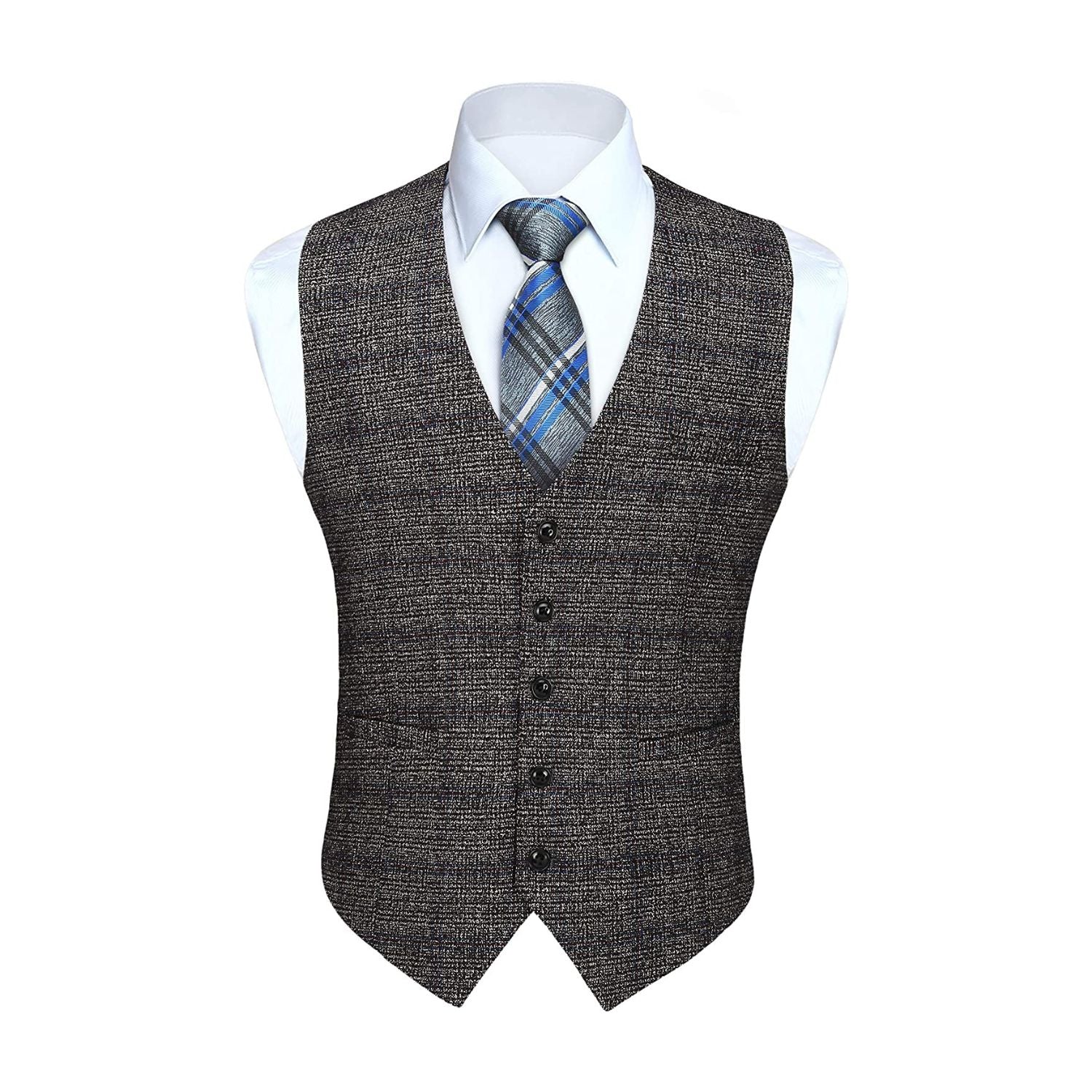 Hisdern Men's Grey Plaid Wedding Vest For Skinny Guys