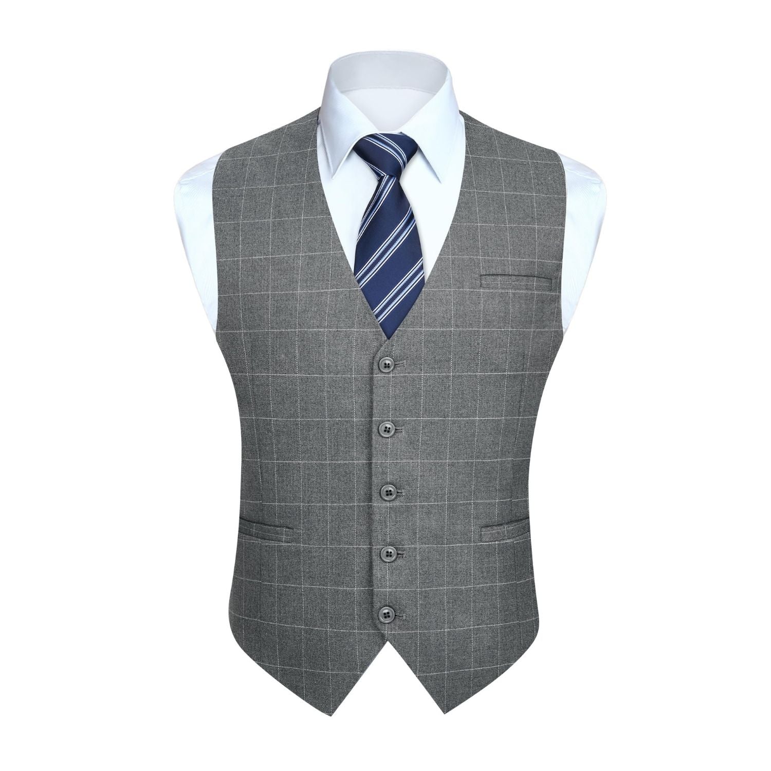 Hisdern Men's Grey Plaid Wedding Vest For Skinny Guys