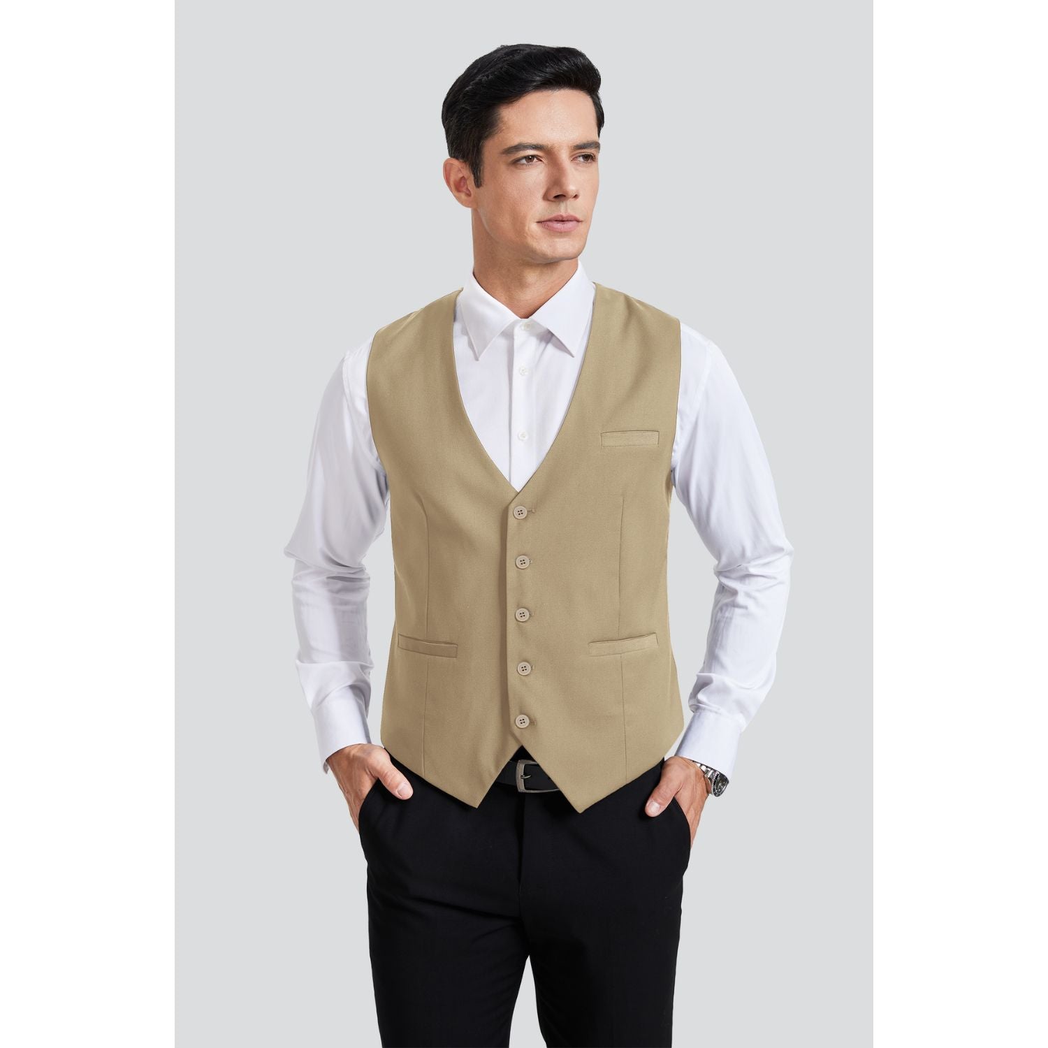 Hisdern Men's Light Khaki Satin Suit Vest Formal Wear