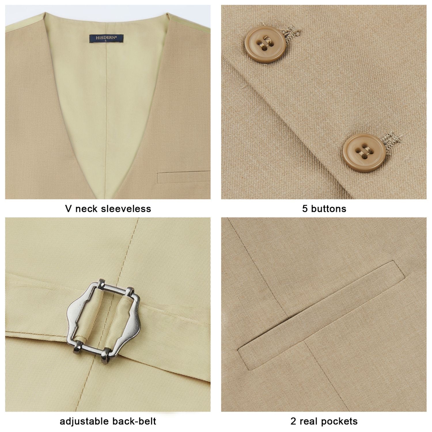 Hisdern Men's Light Khaki Satin Suit Vest Formal Wear