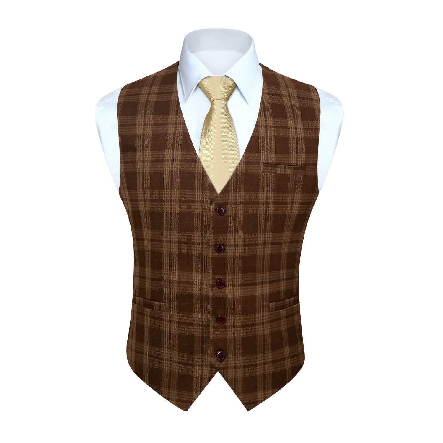 Hisdern Men's Brown Plaid Wedding Vest For Skinny Guys