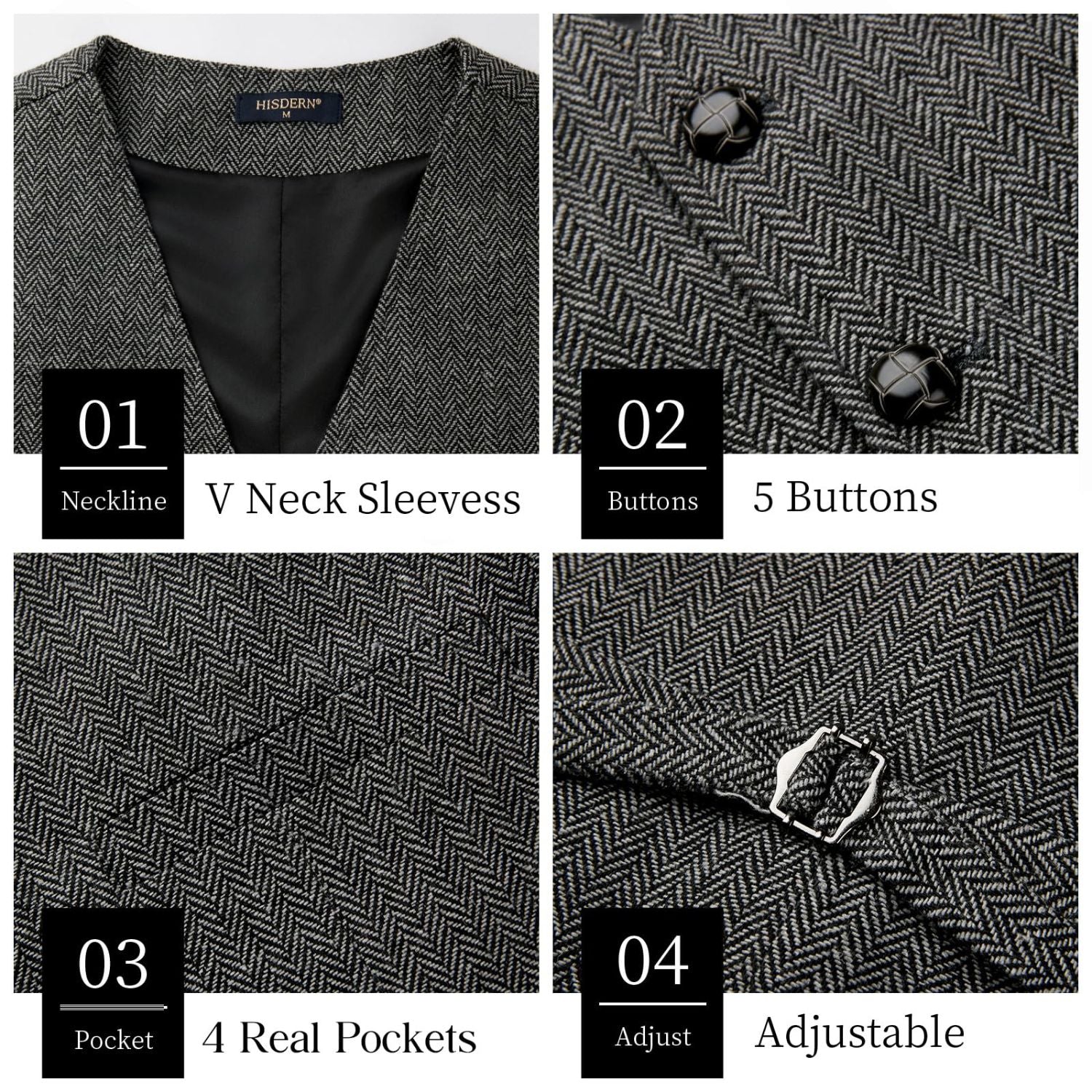 Hisdern Men's Herringbone Tweed Wool Vest Grey for Party Suit Vest