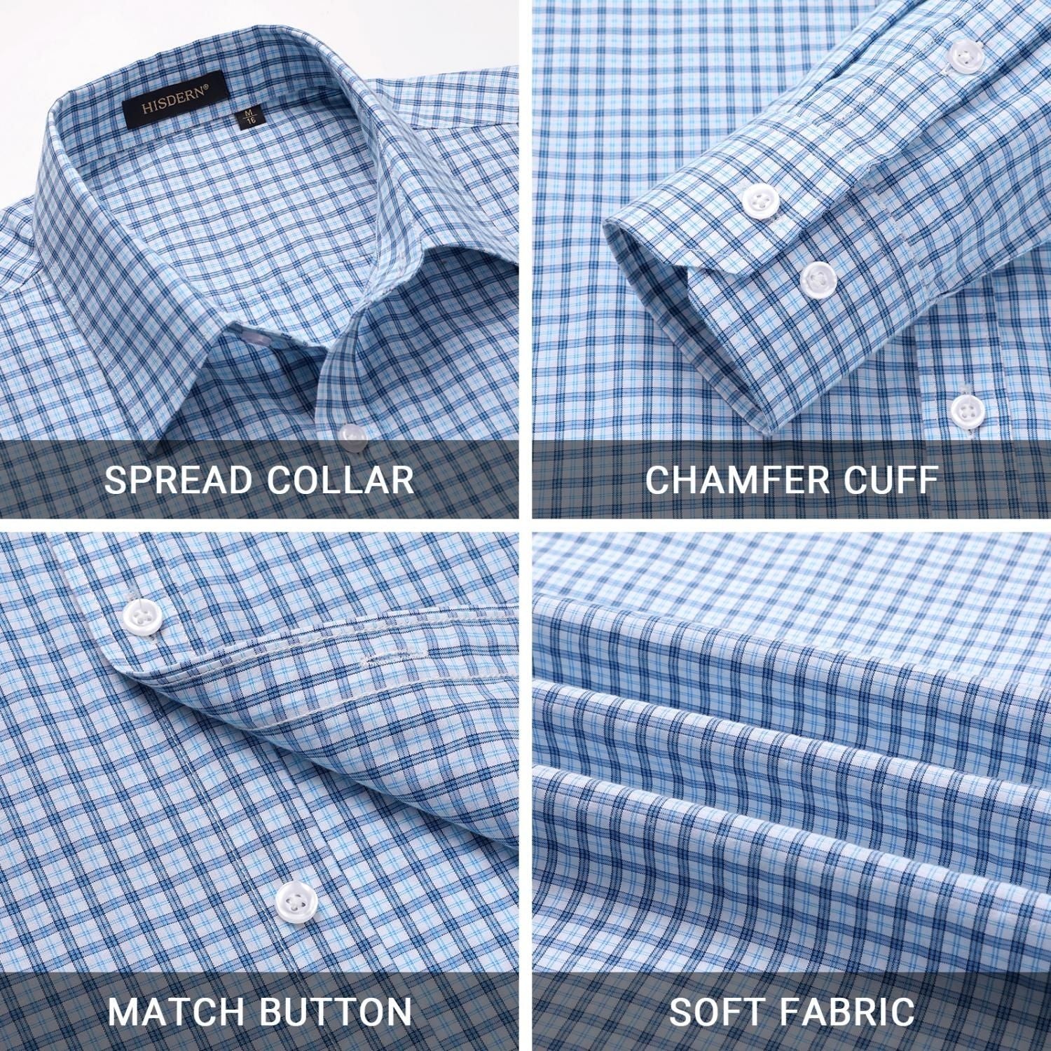 Hisdern Men's Business Blue Plaid Dress Shirt and Matching Solid Tie