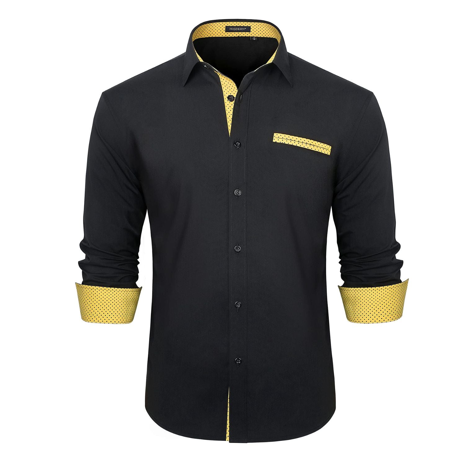 Hisdern Men's Black Yellow Splicing Dress Shirt for Office Wear L